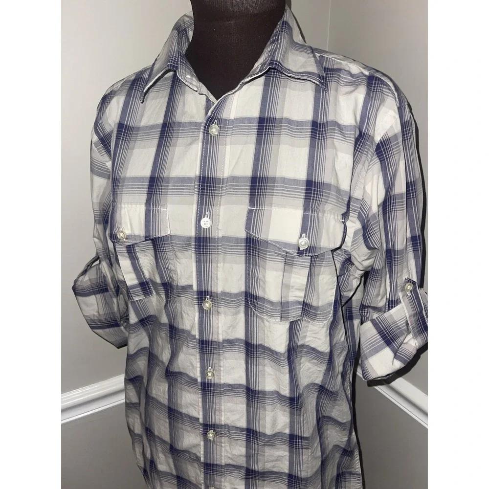 Banana Republic Mens Plaid‎ Shirt Gray Purple Roll Tab Sleeve Mens M